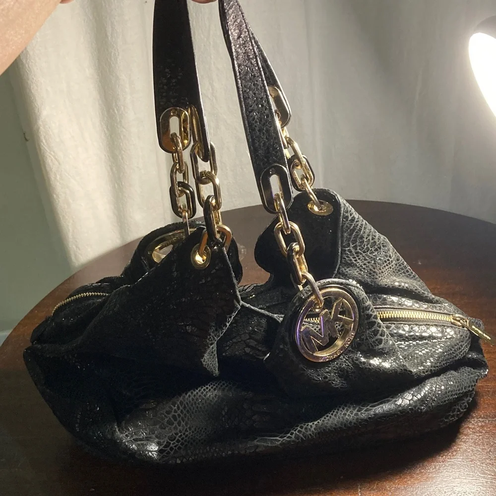 Michael Kors Black Fulton Snake-Embossed Hobo Bag with Gold Hardware